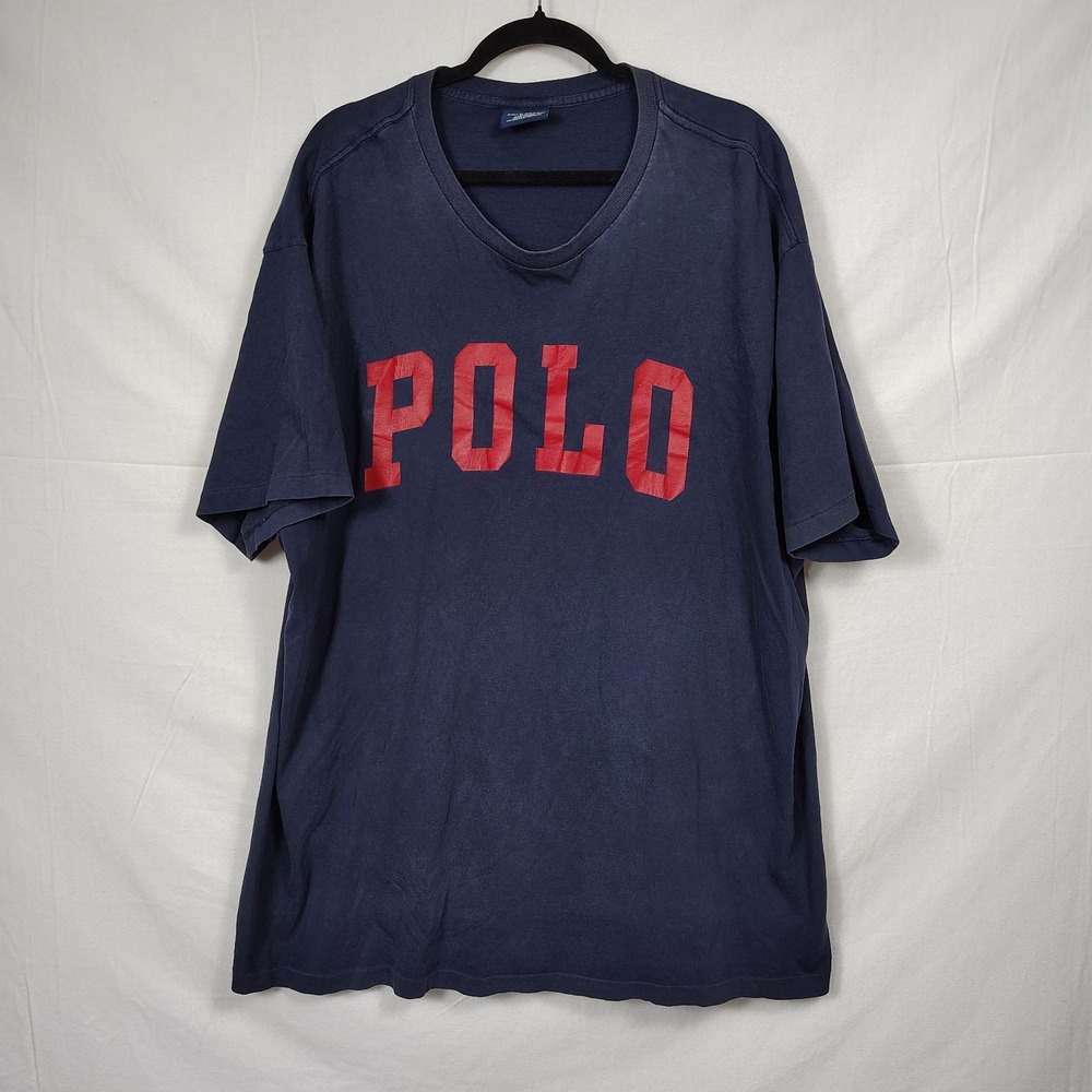 VTG 90s Streetwear Polo Sport Red Spellout Blue Faded Shirt Mens 2XL Made In USA
